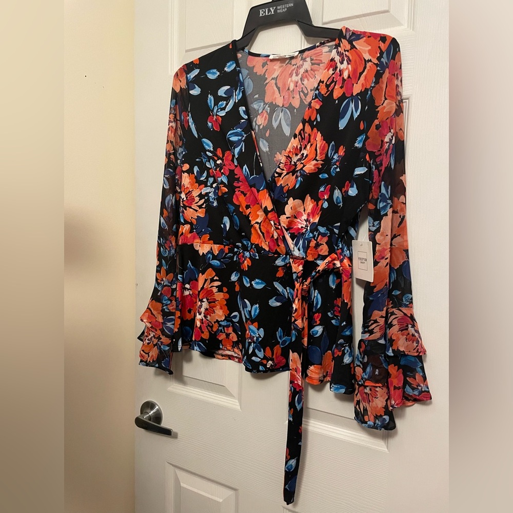 PerSeption Concept Black Wrap Blouse with Orange and Blue Floral Print